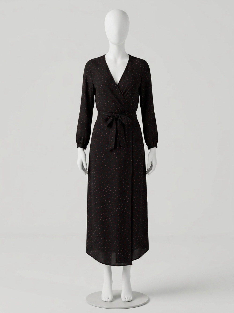 H&M Black Long Sleeve Wrap Midi Dress with Subtle red Dot Print size M